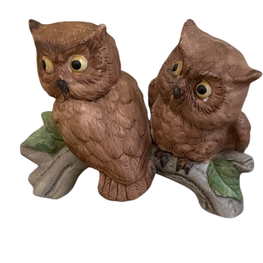 Vintage Ceramic Two Brown Owls Perched On A Tree Branch‎ Figurine